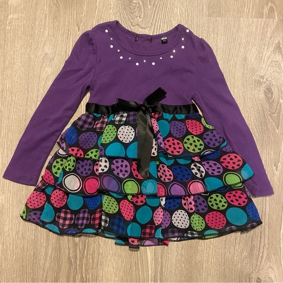 Purple long sleeved chiffon ruffle dress with pink heart print & pearl neckline - Picture 1 of 4